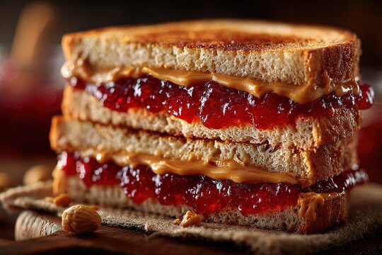 Close-up of a stacked peanut butter and jelly sandwich on a wooden board