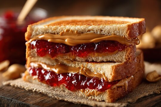 Close-up of a stacked peanut butter and jelly sandwich on a wooden board