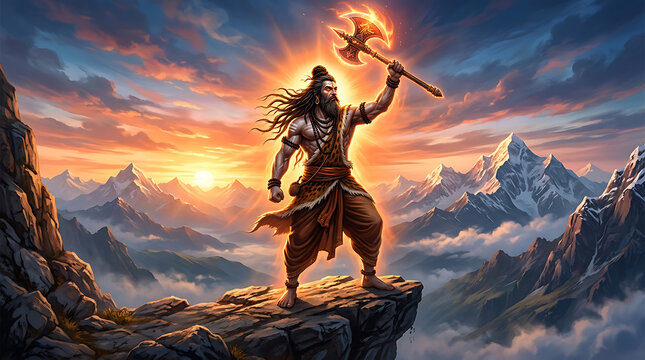 Parshuram Jayanti Lord Parshuram Warrior Sage Sunrise Parashu Axe Cliff Himalayan Divine Aura Epic Mythological 8K Digital Painting Art