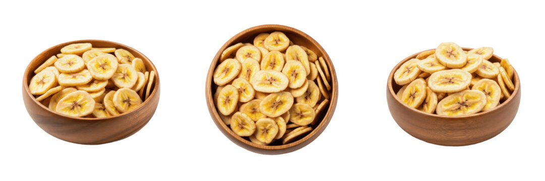 Dried banana chips in wooden bowl isolated on white background, Musa acuminata kela, केला, 香蕉片, crispy dried fruit snack healthy energy food ingredient for desserts and cereals