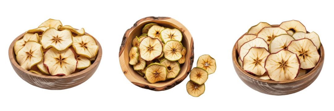 Dried apple slices in wooden bowl isolated on white background, Malus domestica dried fruit seb, सेब, 苹果干, natural sweet snack healthy fiber rich food ingredient for baking and cereal topping