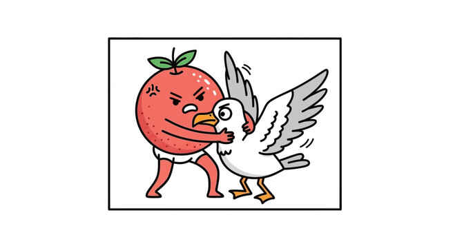 Playful cartoon depicting a grumpy fruit in a diaper confronting a shocked seabird in a comedic
