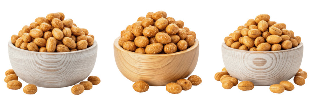 Peanuts in wooden bowl isolated on white background, Arachis hypogaea groundnuts moongfali, मूंगफली, 花生, raw nuts protein rich healthy snack natural food ingredient for cooking and roasting