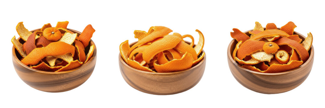 Dried orange peel in wooden bowl isolated on white background, Citrus sinensis santra, संतरा, 橙皮干, aromatic citrus dried fruit ingredient for baking tea and flavoring natural food