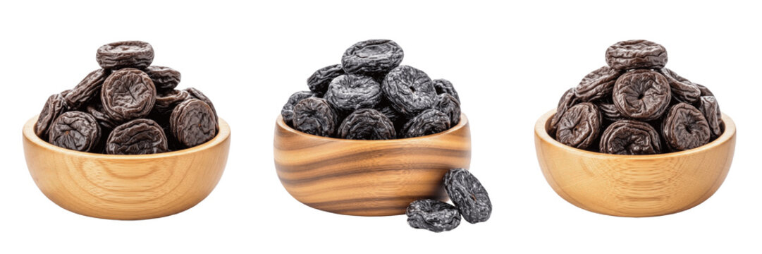 Dried plums in wooden bowl isolated on white background, Prunus domestica prunes aloo bukhara, आलूबुखारा, 西梅干, sweet dried fruit healthy snack fiber rich digestive food ingredient