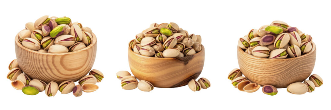 Shelled pistachios in wooden bowl isolated on white background, Pistacia vera pista kernels green nuts healthy snack protein rich dry fruit ingredient for baking and desserts