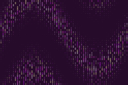 Quantum computing data visualization with purple binary code stream on dark background
