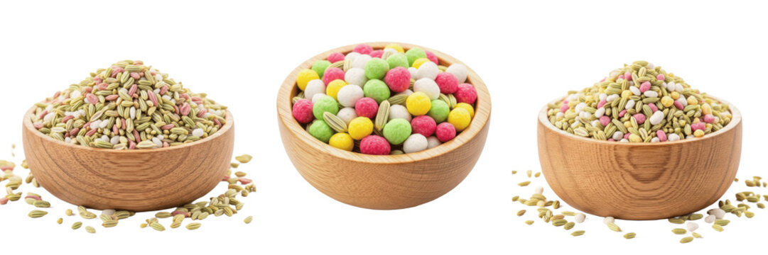 Sugar coated fennel seeds in wooden bowl isolated on white background, Foeniculum vulgare saunf, सौंफ, 糖衣茴香籽, sweet mouth freshener colorful fennel seeds traditional digestive snack