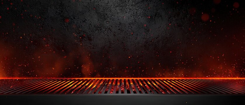 Barbecue Grill - Embers With Flames And Abstract Sparks - Grid And Fire On Charcoal In Black Background