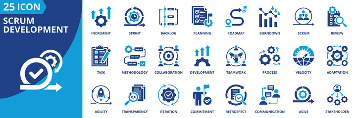 scrum development icon set collection in solid glyph dual color style. pack contain scrum, sprint, backlog, planning, review, retrospect, methodology, increment, communication, iteration icon