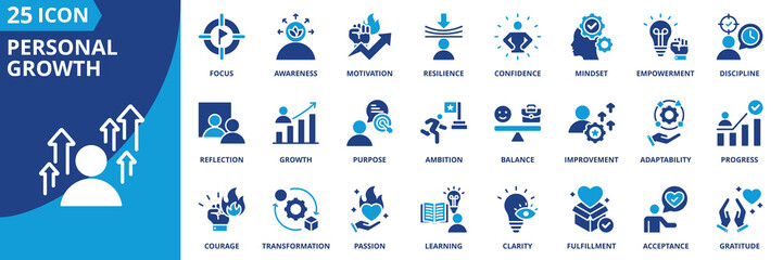 Plakat personal growth icon set collection in solid glyph dual color style. pack contain awareness, mindset, focus, discipline, resilience, confidence, acceptance, motivation, purpose, clarity icon