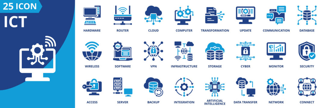 ict icon set collection in solid glyph dual color style. pack contain network, server, router, cloud, compute, software, hardware, connect, wireless, security icon