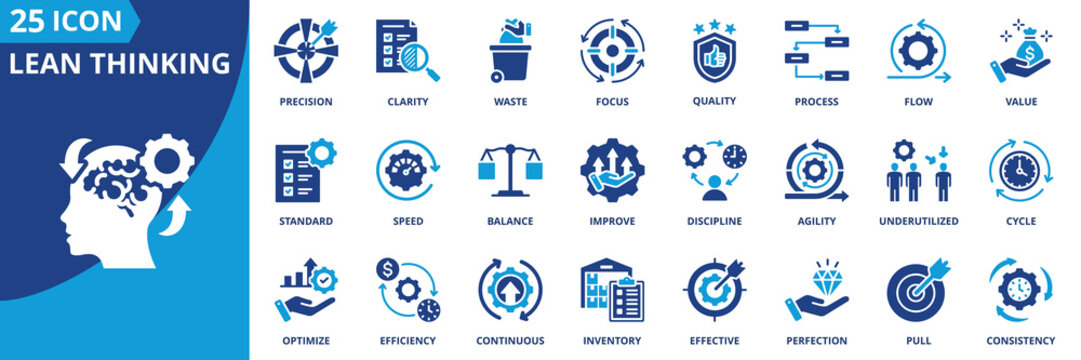 lean thinking icon set collection in solid glyph dual color style. pack contain precision, optimize, value, speed, agility, perfection, focus, discipline, effective icon