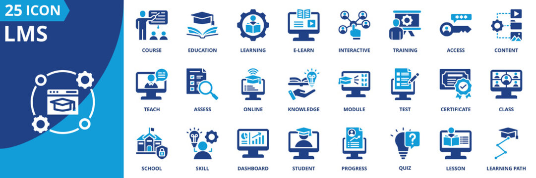 lms icon set collection in solid glyph dual color style. pack contain learning, course, training, education, content, module, quiz, certificate, teach, student icon