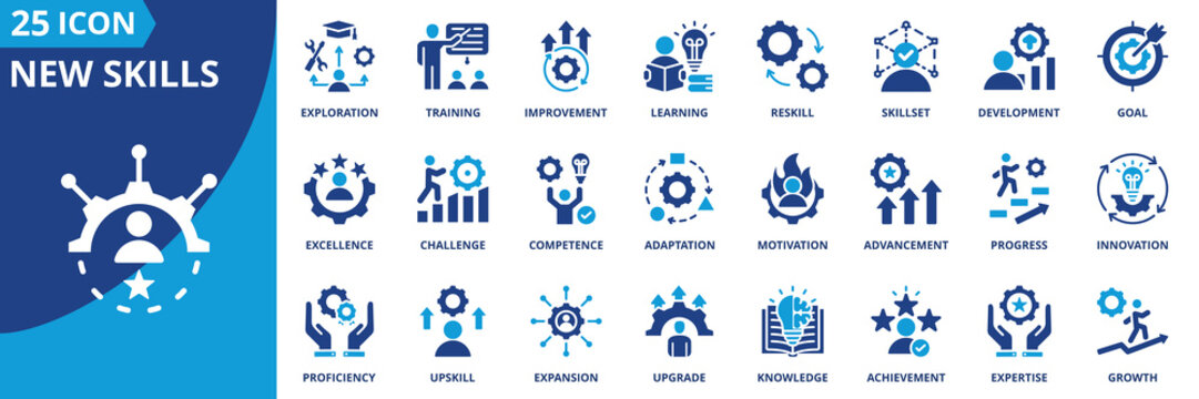 new skills icon set collection in solid glyph dual color style. pack contain achievement, adaptation, advancement, challenge, competence, development, excellence, expertise, exploration, goal, growth