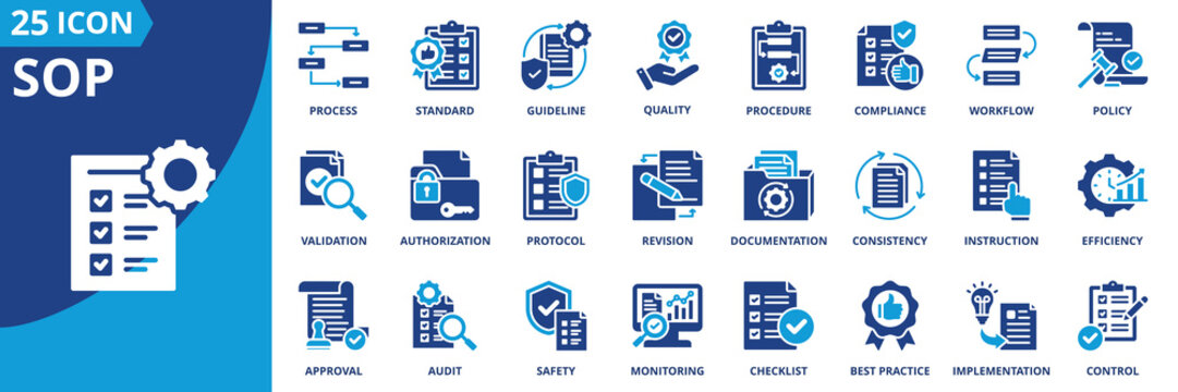sop icon set collection in solid glyph dual color style. pack contain procedure, standard, guideline, compliance, protocol, workflow, policy, process, instruction, checklist icon