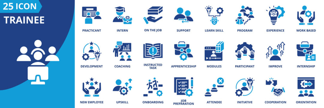 trainee icon set collection in solid glyph dual color style. pack contain Intern, associate, participant, attendee, practicant, upskill, orientation, development, on the job, learn skill icon