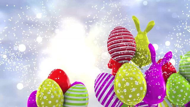 Easterthemed stock photo with colorful eggs and bunny decorations perfect for holiday designs, greeting cards, social media posts, and spring promotions.