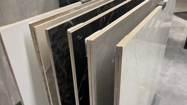 Large Format Ceramic Tiles on Display Rack in Showroom | Samples of Porcelain Stoneware with Marble Texture | Modern Interior Construction Material Shop