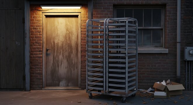 A large metal shelving unit stands outside an industrial building with a door and window at night.