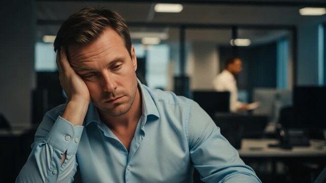 Exhausted Caucasian Male Office Worker Suffering from Chronic Workplace Burnout and Mental Fatigue