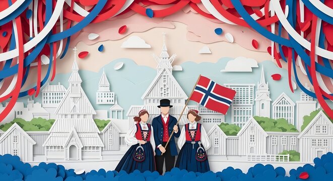 Vibrant Paper Cut Illustration of Norwegian Independence Day Celebration with International Tourists Joining Parade in Traditional Folk Costumes