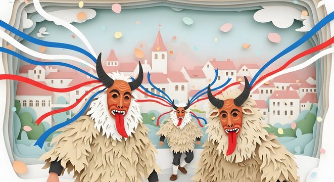 Bus&oacute;j&aacute;r&aacute;s Festival Scene with Bus&oacute; Horned Masked Figures in Traditional Shaggy Costumes