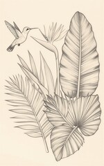 Naklejka premium Tropical birds soar above lush intricately detailed jungle foliage in