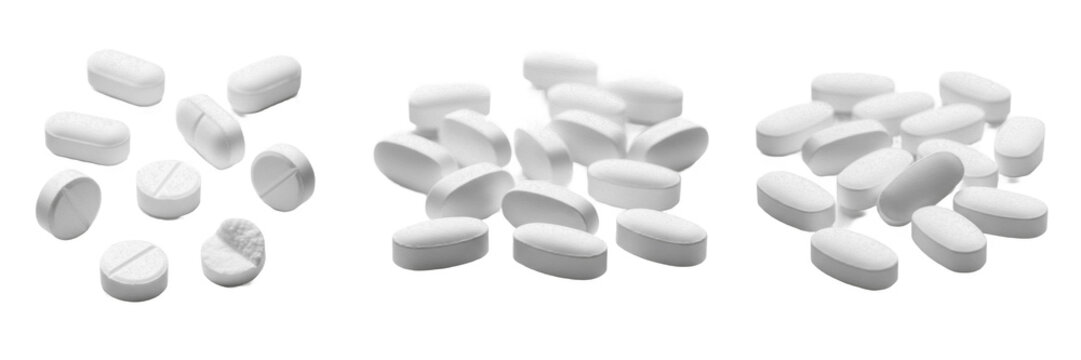 Ibuprofen tablets propionic acid derivative NSAID anti inflammatory pain relief medication isolated on white background fever reducer analgesic pills for headache muscle pain