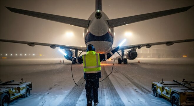 Male airport marshaller with light wands guiding commercial jet on snowy tarmac at night