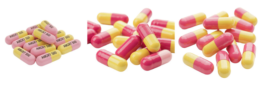 Amoxicillin capsules beta lactam antibiotic penicillin class antibacterial medication isolated on white background infection treatment pharma capsules bacterial therapy drug