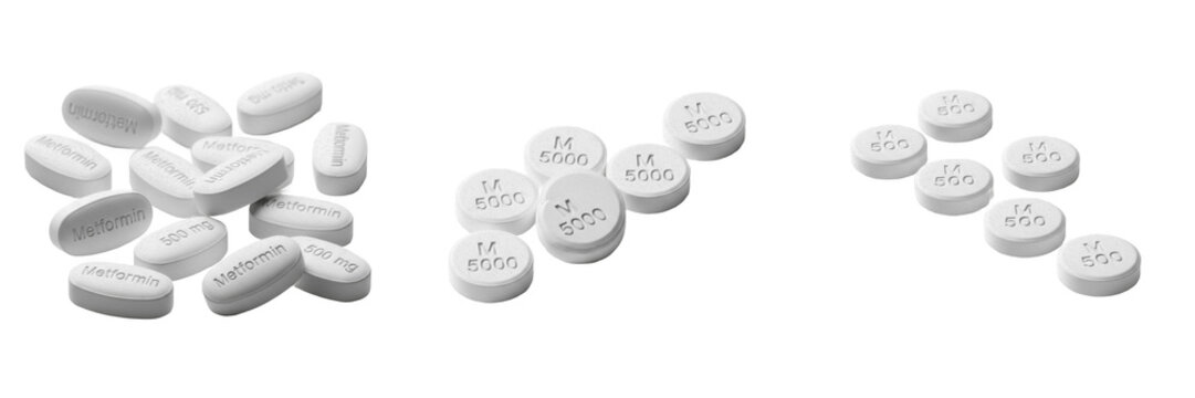 Metformin tablets biguanide antidiabetic medication isolated on white background blood sugar control oral tablets pharma drug for type 2 diabetes glucose lowering therapy