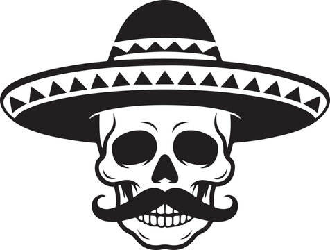 Mexican sugar skull character wearing a traditional sombrero and a classic handlebar mustache