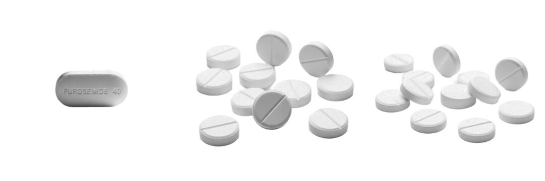 Furosemide tablets loop diuretic antihypertensive medication isolated on white background oral tablets pharma drug for edema fluid retention and blood pressure control therapy