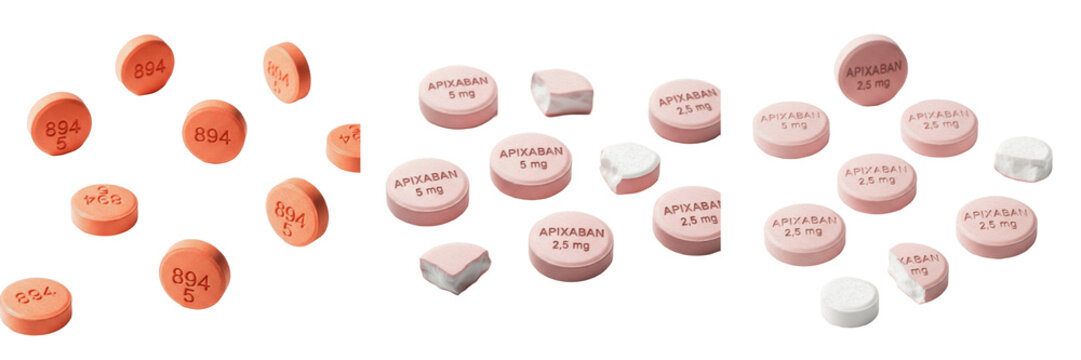 Apixaban tablets direct oral anticoagulant DOAC factor Xa inhibitor blood thinner isolated on white background oral tablets pharma drug for clot prevention atrial fibrillation therapy