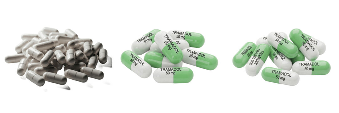 Tramadol capsules opioid analgesic pain relief medication isolated on white background oral capsules pharma drug for moderate to severe pain management therapy