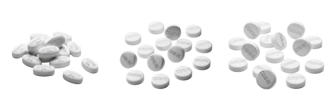 Codeine tablets opioid analgesic cough suppressant medication isolated on white background oral tablets pharma drug for pain relief and cough treatment therapy