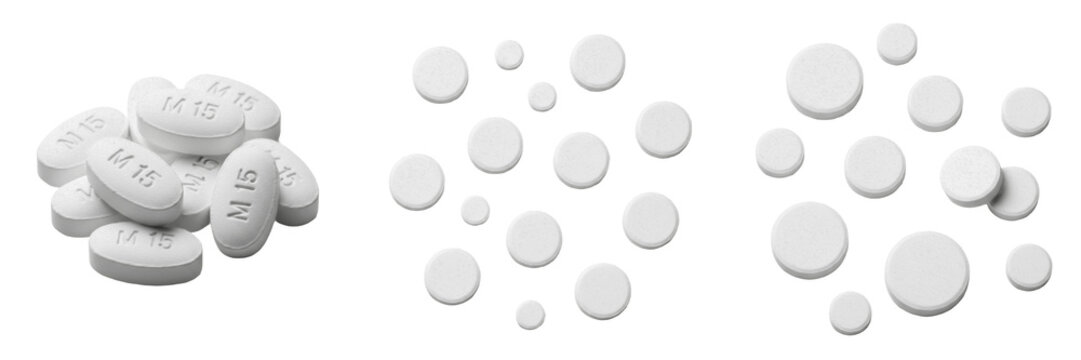 Morphine tablets opioid analgesic strong pain relief medication isolated on white background oral tablets pharma drug for severe pain cancer pain and palliative care therapy