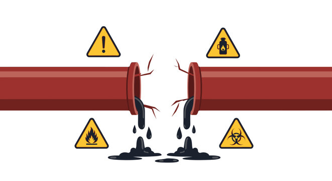Broken Pipe with Oil Leaking Out. Vector Illustrations. EPS Editable