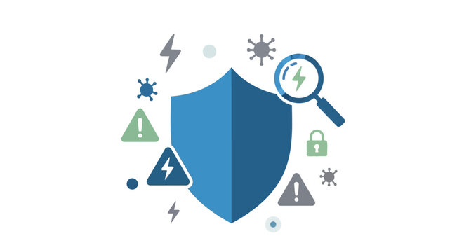 Blue shield with protection symbols around. Vector Illustrations. EPS Editable