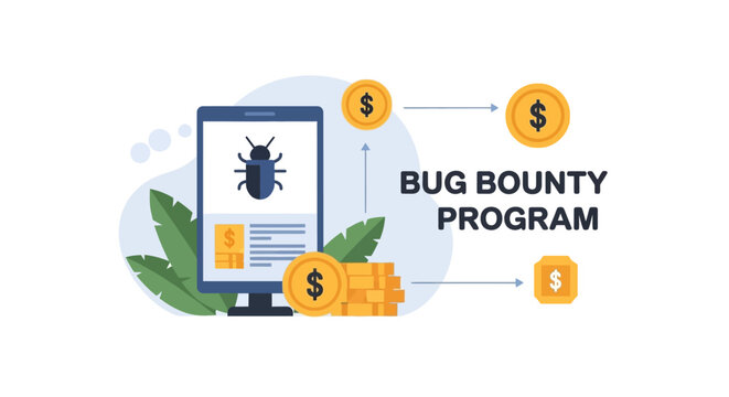 Bug Bounty Program on Computer Screen. Vector Illustrations. EPS Editable