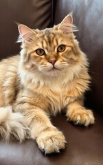 Obraz premium Fluffy tabby cat lounges on brown leather couch with bright golden