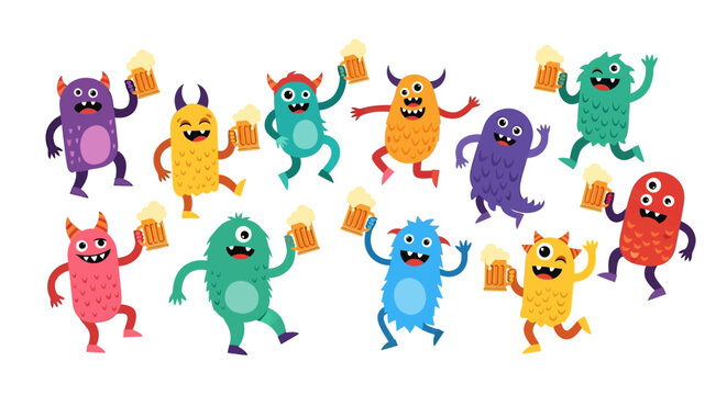 Colorful cartoon monsters with drinks dancing. Vector Illustrations. EPS Editable