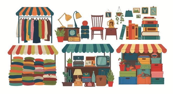 Colorful market stalls with goods. Vector Illustrations. EPS Editable