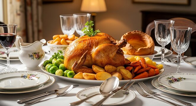 Festive Feast: A meticulously set dining table is laden with a bountiful traditional roast chicken dinner, a culinary masterpiece ready for a memorable gathering.
