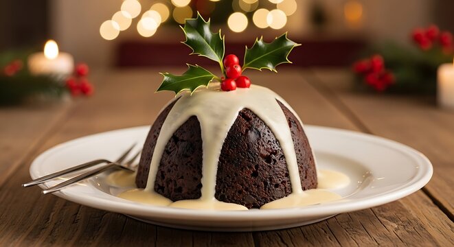 Festive Pudding Delight: A beautifully presented Christmas pudding sits on a plate, adorned with a creamy sauce and festive sprigs of holly and berries, embodying the joy of the holiday season.
