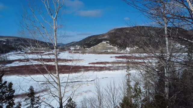Drone view of Matapedia behind bare winter trees. The shot shows the icy confluence of the Matapedia and Restigouche rivers nestled between snow-covered mountains in Quebec, Canada.