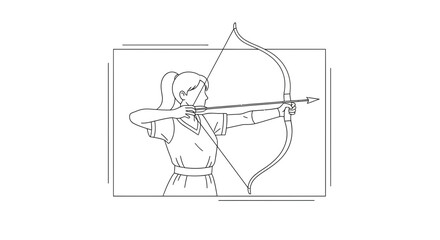 Fototapeta premium Archer Woman Drawing Bow and Arrow, Focused Concentration, Sports Activity, Outline Drawing