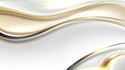 luxury abstract background with flowing white and metallic gold liquid waves and silk texture