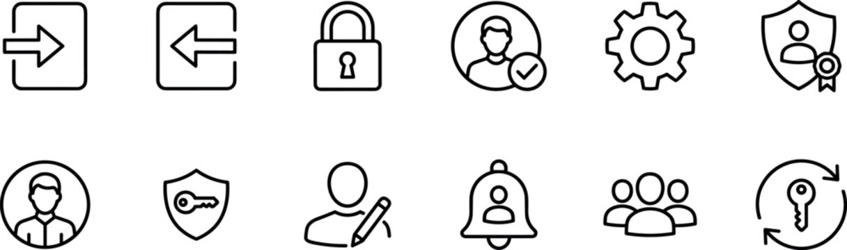 User account and security icon set including login logout lock user profile verification shield settings gear notification bell team users and access control line vector illustration transparent